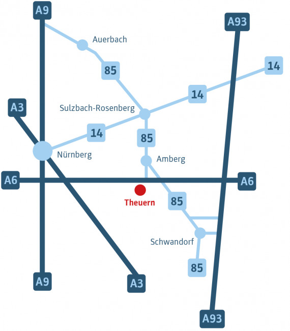 Die schematische Karte verdeutlicht die möglichen Anfahrtswege nach Theuern. Über die Autobahn A6 ist die Ausfahrt Amberg Süd zu nehmen.
